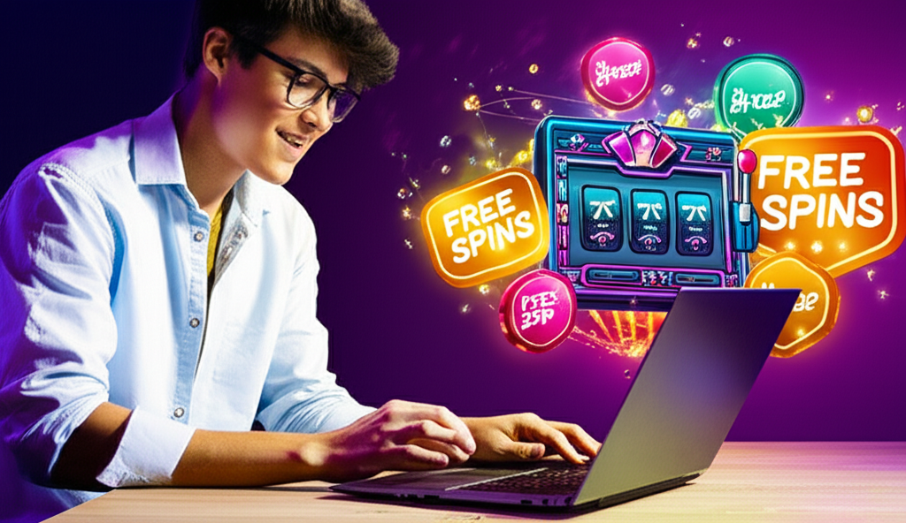 มือใหม่กำลังวิเคราะห์เกมสล็อตฟรีสปินบนแล็ปท็อป พร้อมไอคอนฟรีสปิน RTP และความผันผวน แสดงถึงเทคนิคการเลือกเกมจากทีมงาน ufaslotland