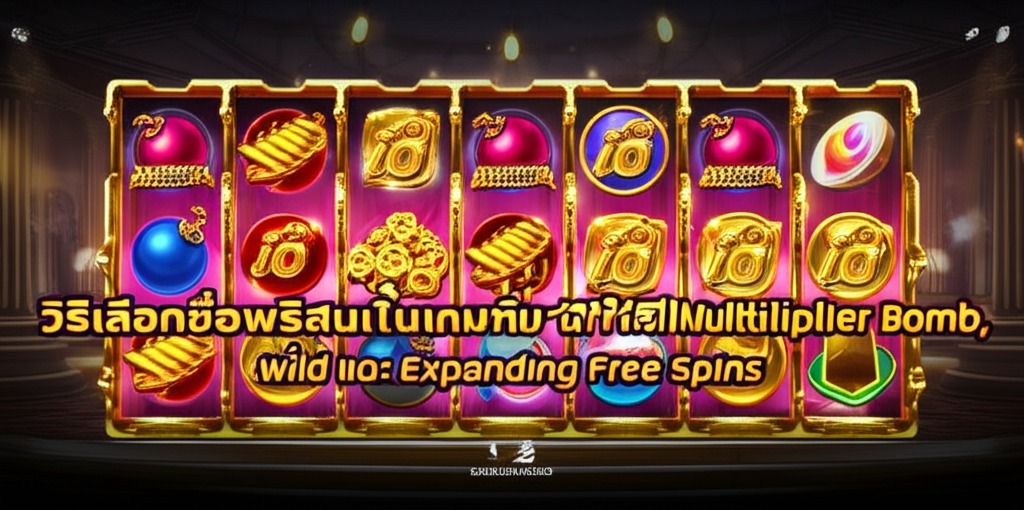 ภาพประกอบเกมสล็อตออนไลน์ที่มีฟีเจอร์ Multiplier Bomb, Wild เพิ่ม และ Expanding Free Spins พร้อมข้อความแนะนำวิธีเลือกซื้อฟรีสปินอย่างมืออาชีพ