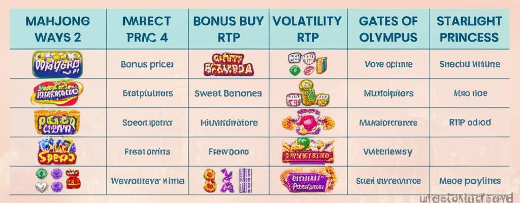 ตารางเปรียบเทียบฟีเจอร์ Bonus Buy ของ Mahjong Ways 2 กับเกมสล็อตยอดนิยมอื่น ๆ แสดงราคา RTP ความผันผวน และฟีเจอร์พิเศษ