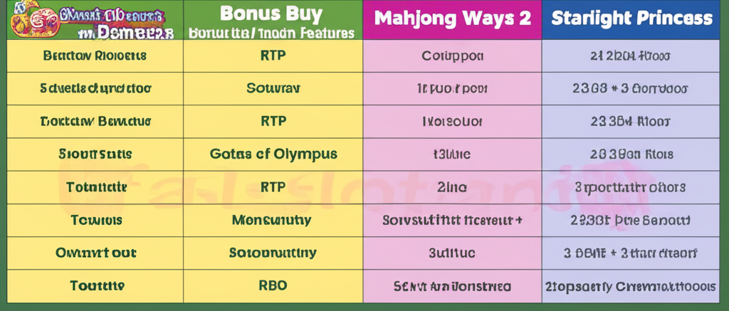 ตารางเปรียบเทียบฟีเจอร์ Bonus Buy ในเกมสล็อต Sweet Bonanza, Gates of Olympus, Mahjong Ways 2 และ Starlight Princess