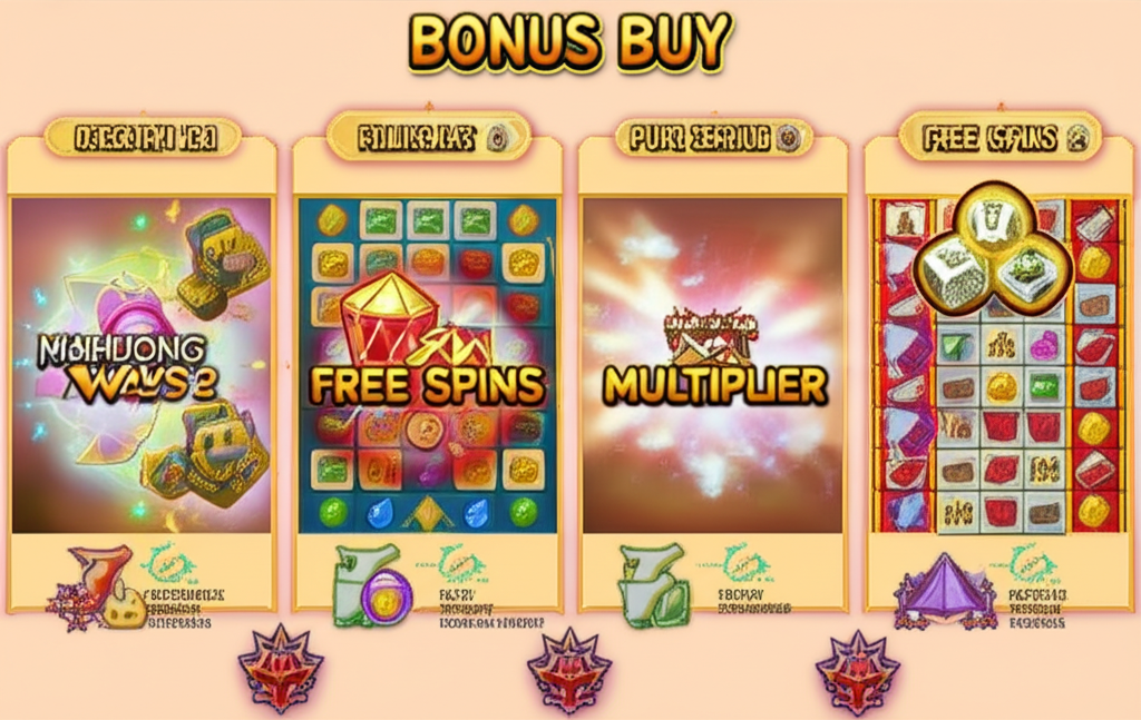 อินโฟกราฟิกอธิบายฟีเจอร์ Bonus Buy ใน Mahjong Ways 2 แสดงขั้นตอนการซื้อฟรีสปิน การขยายรีล และฟีเจอร์พิเศษ Multiplier Bomb และ Wild