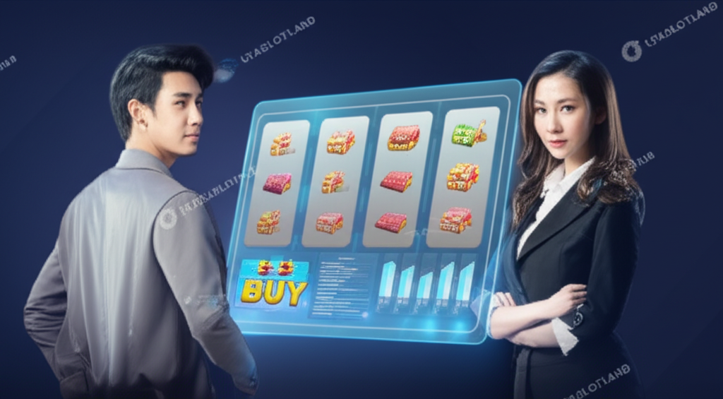 ภาพประกอบมืออาชีพแสดงผู้เล่นเกมสล็อตออนไลน์กำลังวิเคราะห์ข้อมูลฟีเจอร์ Bonus Buy และการจัดการเงินทุนอย่างปลอดภัยกับแบรนด์ ufaslotland