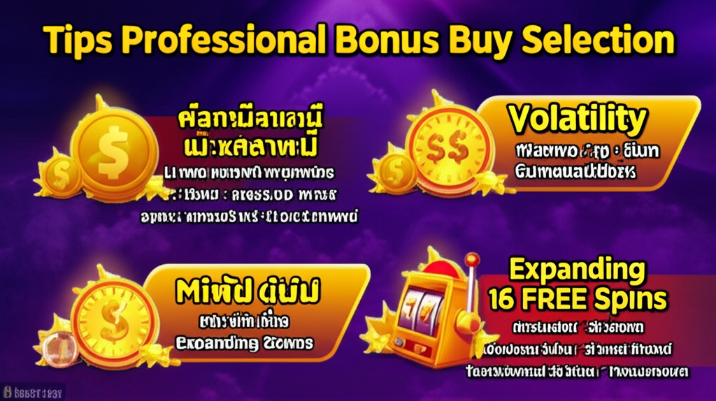 อินโฟกราฟิกเปรียบเทียบเทคนิคการเลือกซื้อฟรีสปินอย่างมืออาชีพ โดยเน้นการวิเคราะห์ RTP, ความผันผวน และการบริหารงบประมาณ