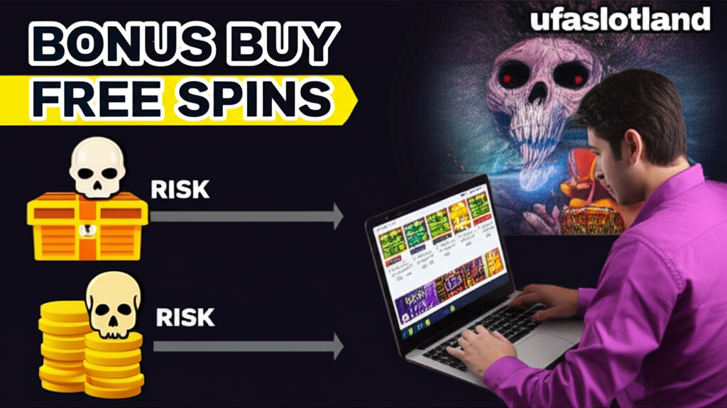 อินโฟกราฟิกแสดงขั้นตอนการซื้อฟรีสปิน Bonus Buy พร้อมการวิเคราะห์กลยุทธ์และความเสี่ยงโดยผู้เล่นมืออาชีพจาก ufaslotland