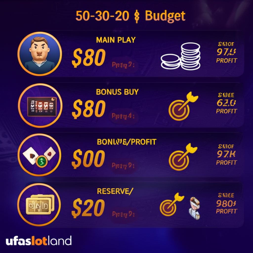 อินโฟกราฟิกแสดงสูตรบริหารงบประมาณ 50-30-20 สำหรับการเล่นสล็อตอย่างมืออาชีพ โดยใช้แนวทางจาก ufaslotland