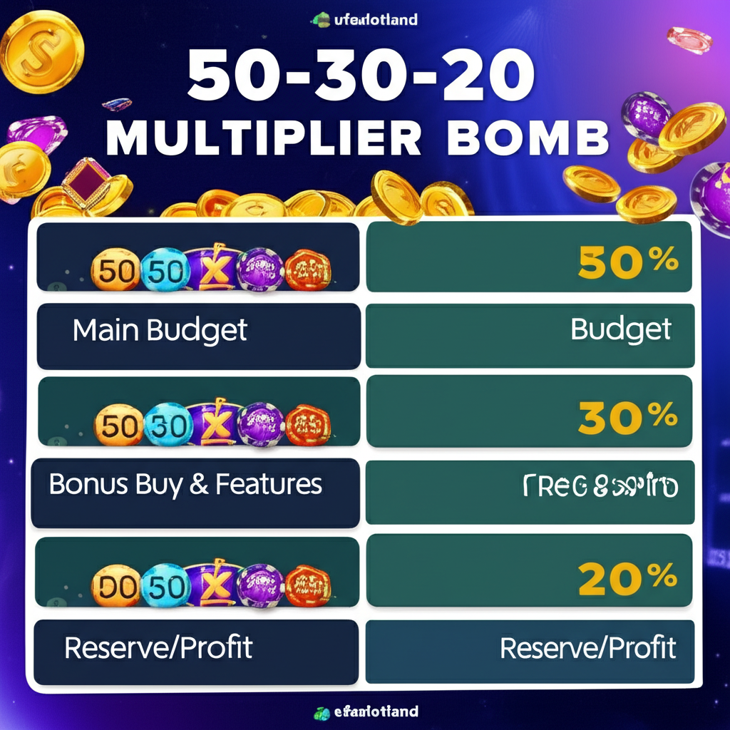 อินโฟกราฟิกแสดงสูตรจัดการงบประมาณ 50-30-20 สำหรับผู้เล่นเกมสล็อตที่ใช้ฟีเจอร์ Multiplier Bomb จาก ufaslotland