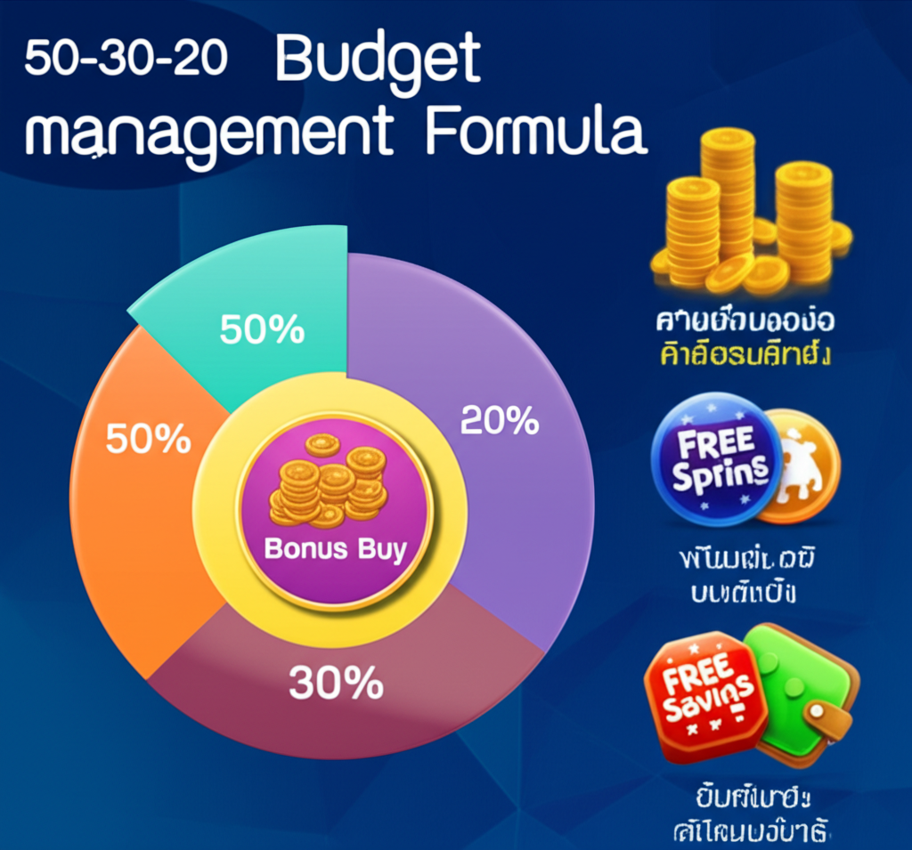 อินโฟกราฟิกสูตรบริหารงบประมาณ 50-30-20 สำหรับการเล่นสล็อตออนไลน์อย่างมืออาชีพ