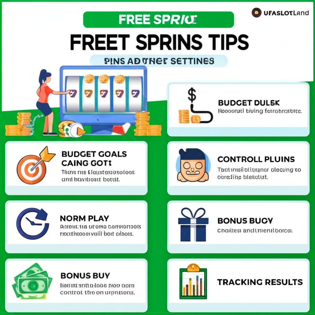 อินโฟกราฟิกเทคนิคการจัดการงบประมาณและวางแผนการเล่นฟรีสปินในสล็อตออนไลน์ แสดงการตั้งงบประมาณ แบ่งเงินทุน และควบคุมอารมณ์