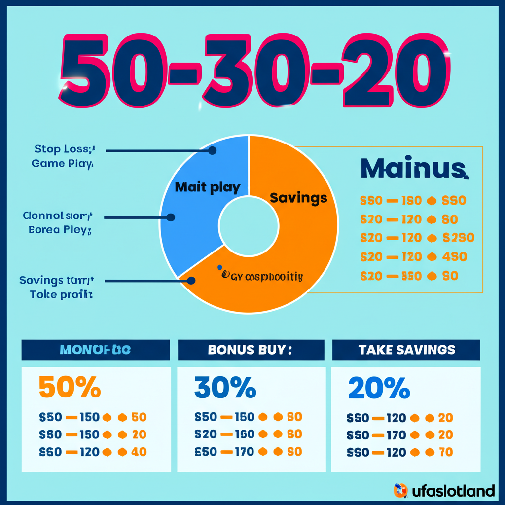 แผนภูมิแสดงสูตรแบ่งงบประมาณ 50-30-20 สำหรับการเล่นสล็อตฟรีสปิน โดยแบ่งทุนเล่นหลัก ทุนซื้อฟรีสปิน และทุนสำรอง พร้อมตัวอย่างการตั้งขีดจำกัดขาดทุนและกำไรจาก ufaslotland