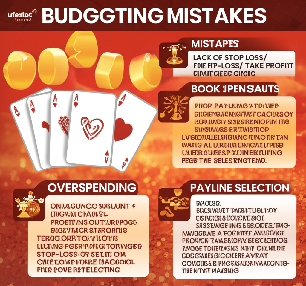 แผนภาพแสดงข้อผิดพลาดในการบริหารงบประมาณของผู้เล่นสล็อตมือใหม่ เช่น การใช้เงินเกินงบ ขาดการตั้งขีดจำกัดขาดทุนและกำไร และการเลือก Payline ที่ไม่เหมาะสม พร้อมคำแนะนำจาก ufaslotland