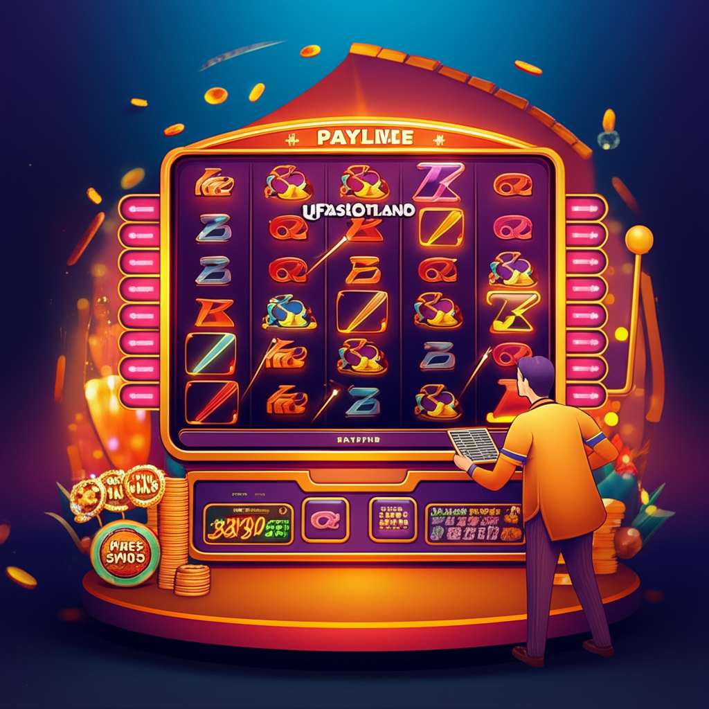 ภาพประกอบผู้เล่นมือใหม่กำลังวิเคราะห์ Payline บนเกมสล็อตออนไลน์ พร้อมแสดงรูปแบบ Payline และสัญลักษณ์ฟรีสปิน โดยมีโลโก้ ufaslotland
