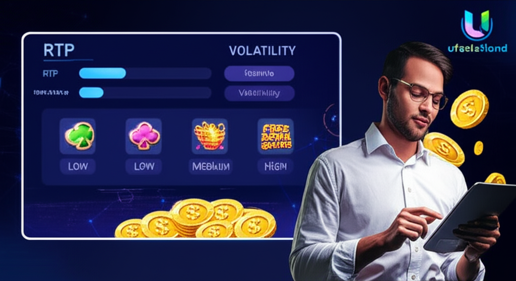 ภาพประกอบเปรียบเทียบ RTP และ Volatility ในเกมสล็อตออนไลน์ พร้อมสัญลักษณ์ฟรีสปินและเหรียญเงิน แสดงความเป็นมืออาชีพของ ufaslotland