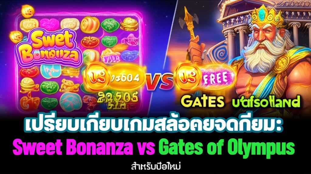 ภาพเปรียบเทียบเกมสล็อต Sweet Bonanza และ Gates of Olympus พร้อมสัญลักษณ์ฟรีสปินและตัวคูณในธีมสีสันสดใสและเทพเจ้ากรีก