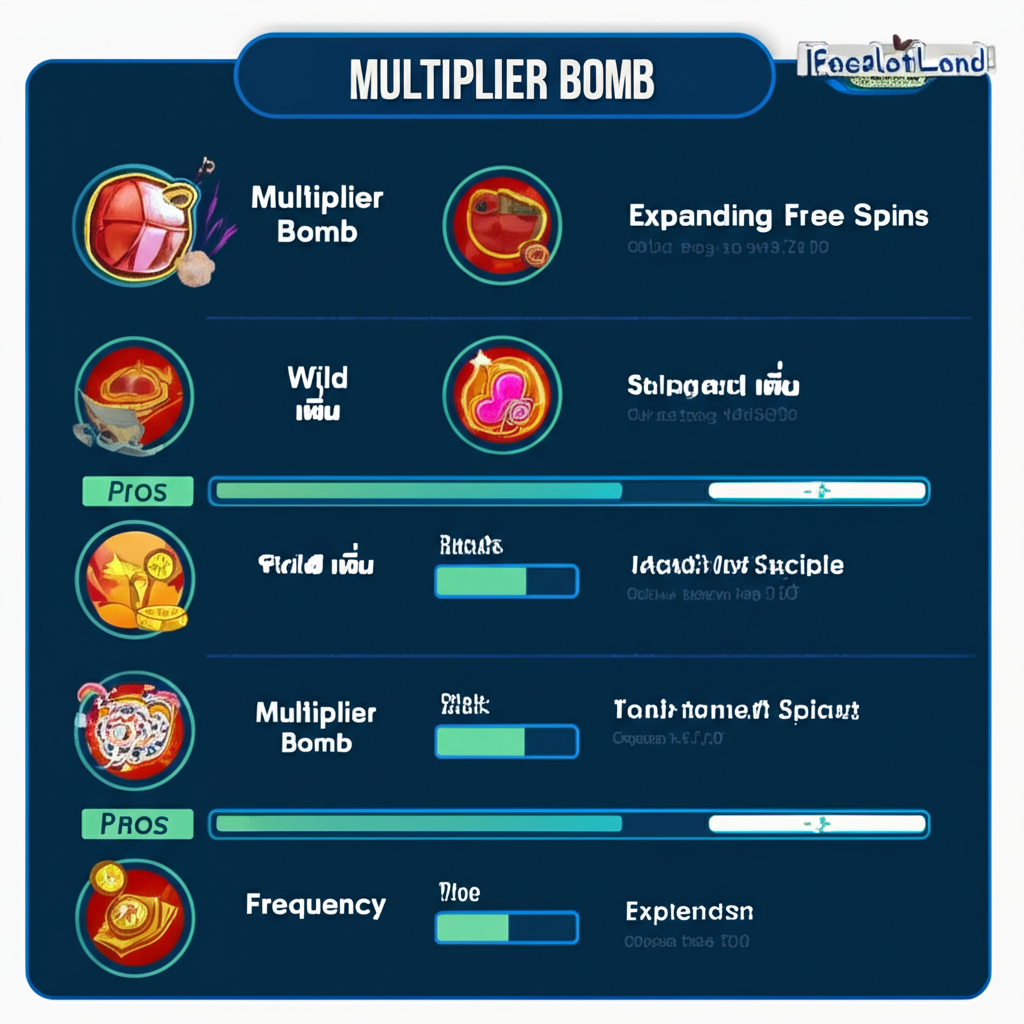ตารางเปรียบเทียบข้อดีข้อเสียของฟีเจอร์ Multiplier Bomb, Wild เพิ่ม และ Expanding Free Spins ในเกมสล็อต