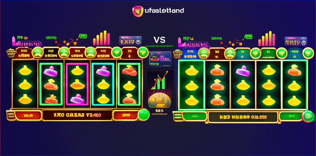 ภาพเปรียบเทียบสล็อต Payline เยอะและ Payline น้อย พร้อมสัญลักษณ์ Volatility และ RTP แสดงโอกาสทำกำไรจากเกมสล็อตโดยทีมงาน ufaslotland