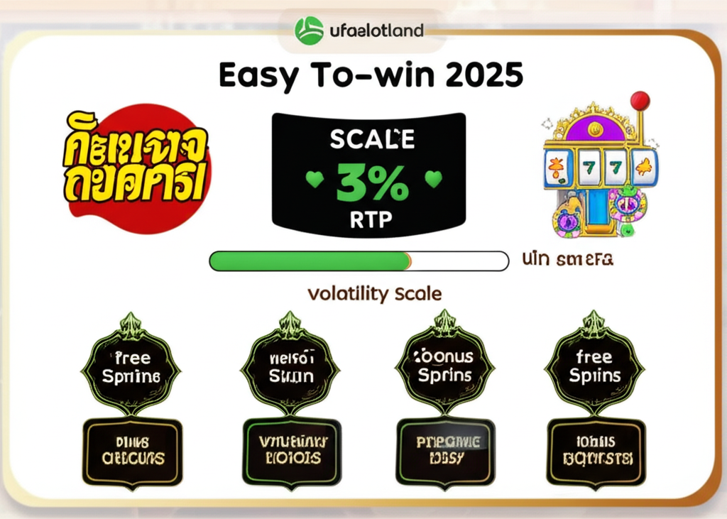 อินโฟกราฟิกแสดงปัจจัยสำคัญของเกมสล็อตแตกง่ายปี 2025 เช่น ค่า RTP, ความผันผวน, ฟีเจอร์ฟรีสปิน และ Bonus Buy