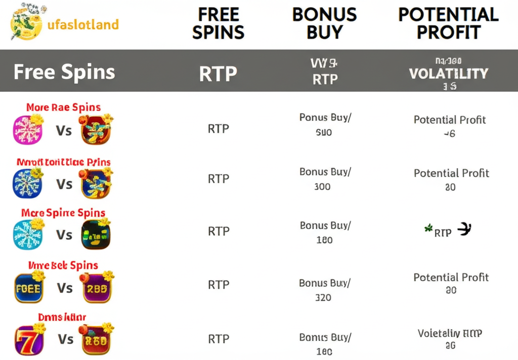 ตารางเปรียบเทียบฟีเจอร์ฟรีสปินและซื้อฟรีสปิน Bonus Buy ในเกมสล็อตยอดนิยมของ ufaslotland