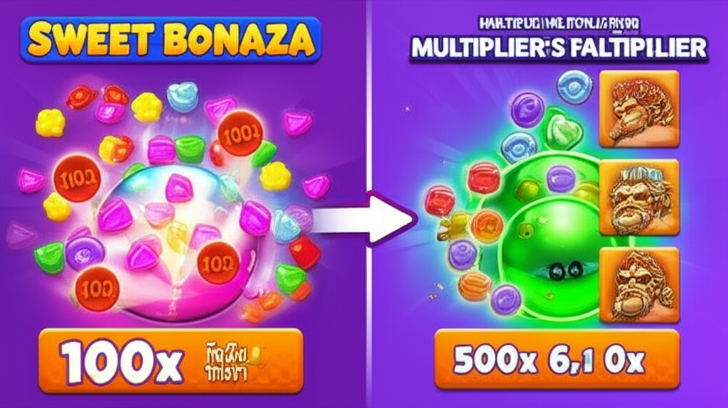 อินโฟกราฟิกแสดงกลไกฟีเจอร์ฟรีสปินและตัวคูณของ Sweet Bonanza และ Gates of Olympus พร้อมคำอธิบายภาษาไทย