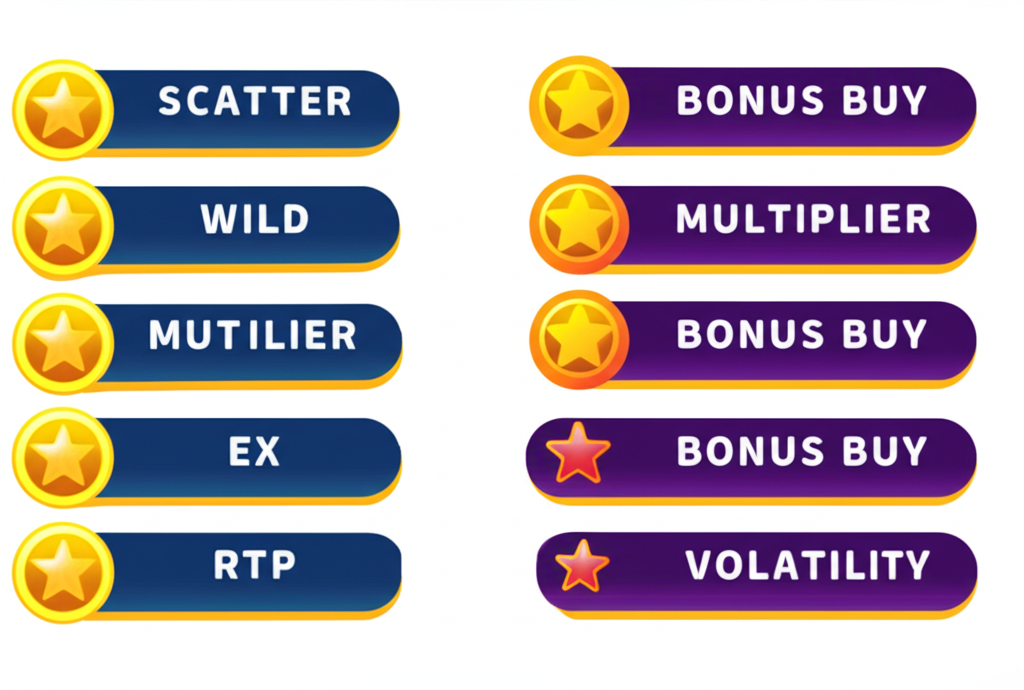 อินโฟกราฟิกคำศัพท์พื้นฐานเกี่ยวกับฟรีสปินและสล็อตออนไลน์ เช่น Scatter, Wild, Multiplier, Bonus Buy, RTP, Payline, Volatility พร้อมคำอธิบายภาษาไทย