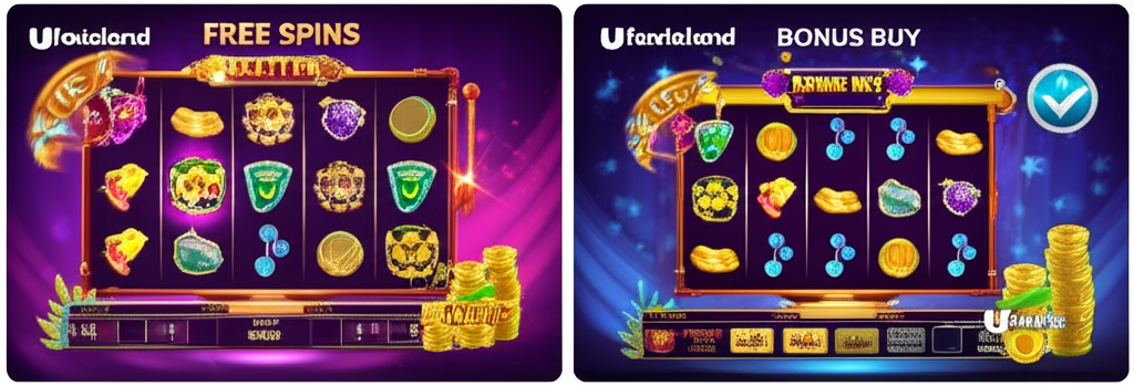 ภาพเปรียบเทียบการใช้ฟรีสปินแบบธรรมชาติและการซื้อฟรีสปิน (Bonus Buy) ในเกมสล็อตออนไลน์ พร้อมไอคอนการจัดการงบประมาณและกราฟ