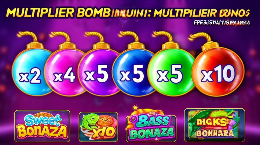 อินโฟกราฟิกอธิบายฟีเจอร์ Multiplier Bomb ในช่วงฟรีสปิน พร้อมตัวอย่างเกม Sweet Bonanza และ Big Bass Bonanza