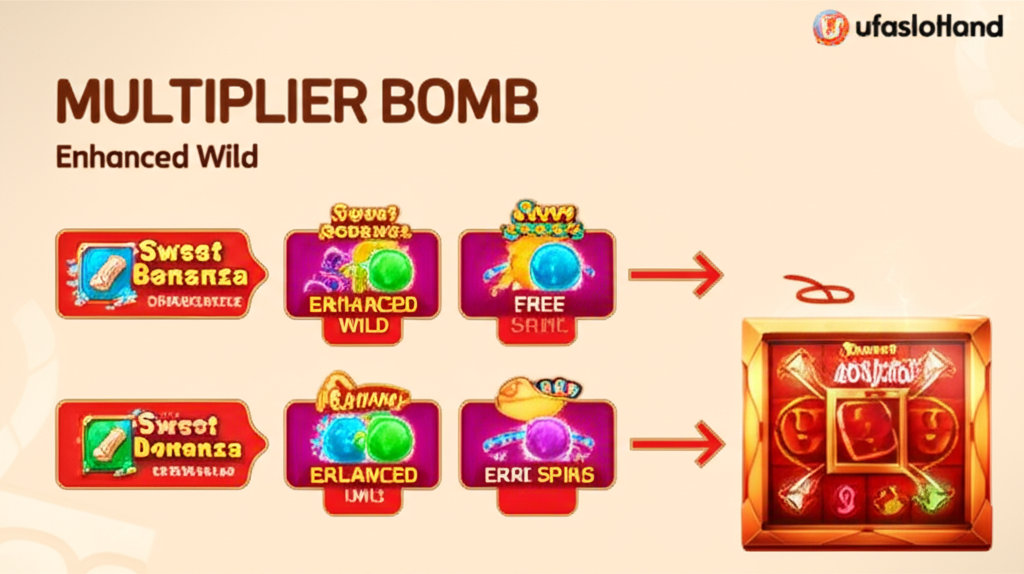 อินโฟกราฟิกอธิบายฟีเจอร์ Multiplier Bomb, Wild เพิ่ม และ Expanding Free Spins ในเกมสล็อตยอดนิยม พร้อมตัวอย่างเกม Sweet Bonanza และ Mahjong Ways 2
