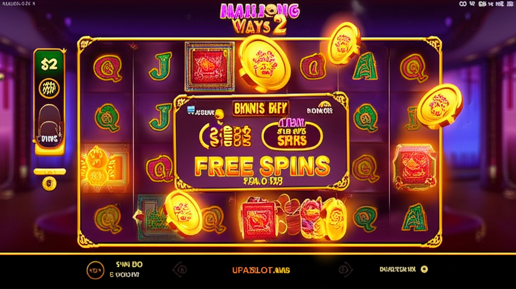 ภาพหน้าจอเกมสล็อต Mahjong Ways 2 พร้อมฟีเจอร์ Bonus Buy โชว์ไอคอนฟรีสปินและเหรียญทอง บนพื้นหลังคาสิโนดิจิทัลที่ทันสมัย พร้อมโลโก้ ufaslotland