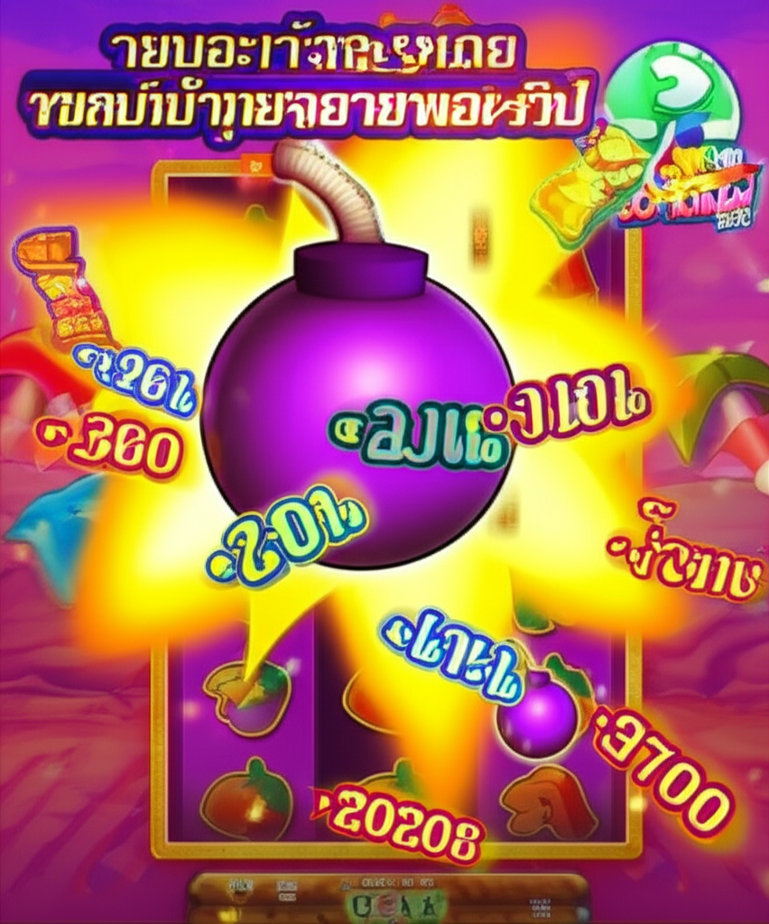 ภาพประกอบฟีเจอร์ Multiplier Bomb ในเกมสล็อต แสดงการระเบิดของตัวคูณเงินรางวัลแบบสุ่ม พร้อมกราฟิกเกม Sweet Bonanza