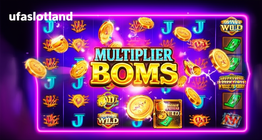 ภาพประกอบฟีเจอร์ Multiplier Bomb ในเกมสล็อตออนไลน์ พร้อมสัญลักษณ์ Wild และ Expanding Free Spins แสดงถึงโอกาสทำกำไรสูงจาก ufaslotland