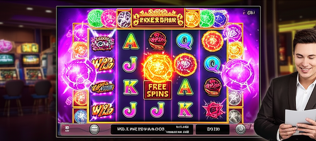 ภาพประกอบมืออาชีพของเกมสล็อตที่มีฟีเจอร์ Multiplier Bomb, Wild เพิ่ม และ Expanding Free Spins พร้อมผู้เล่นที่กำลังจัดการงบประมาณอย่างมีประสิทธิภาพ
