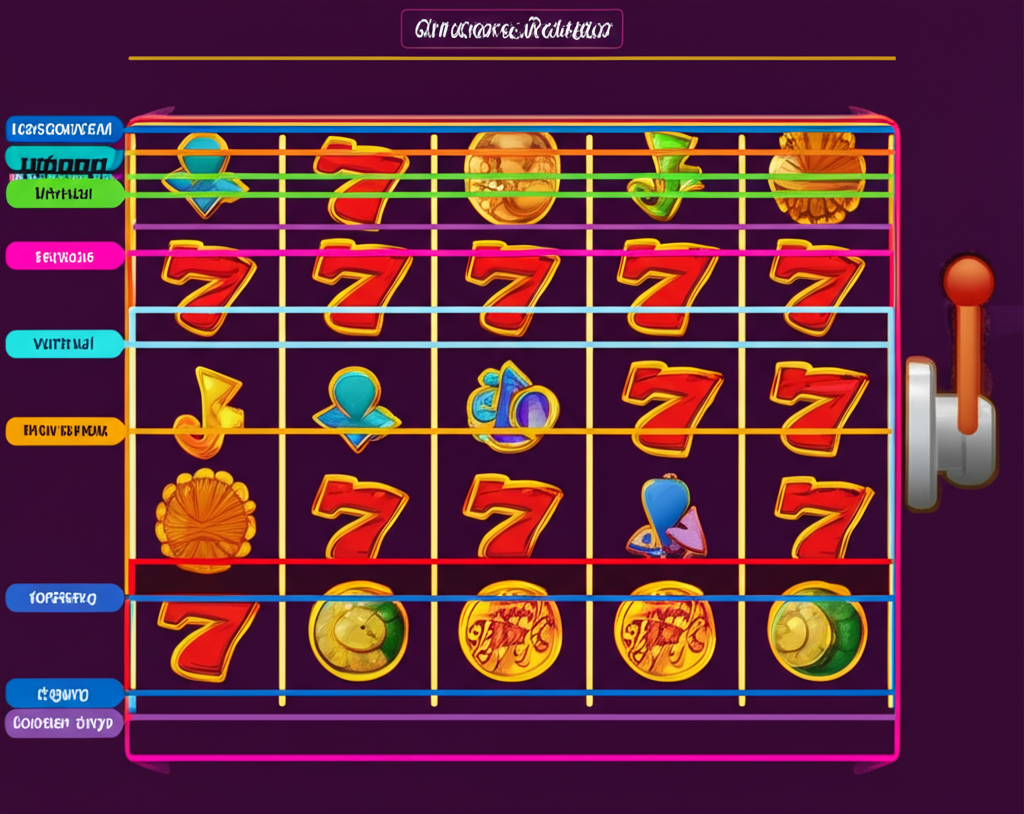 ภาพแสดงรูปแบบเพย์ไลน์ต่างๆ ในเกมสล็อตออนไลน์ เช่น แนวนอน แนวตั้ง แนวทแยง และซิกแซก พร้อมคำอธิบายภาษาไทย