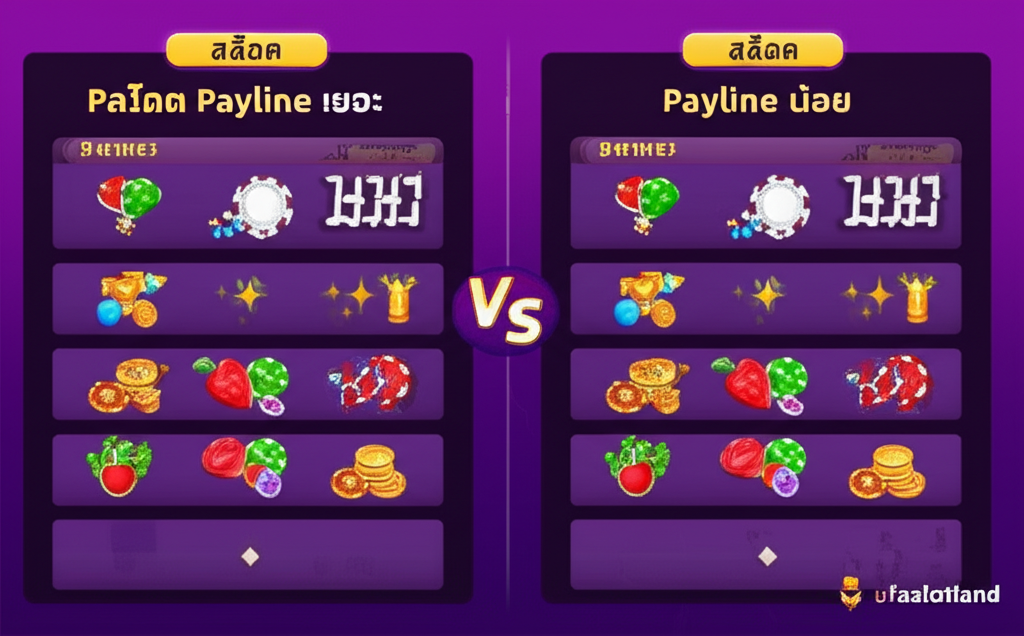 ตารางเปรียบเทียบข้อดีข้อเสียของสล็อตที่มี Payline เยอะและ Payline น้อย พร้อมไอคอนแสดงโอกาสทำกำไรและความเสี่ยง