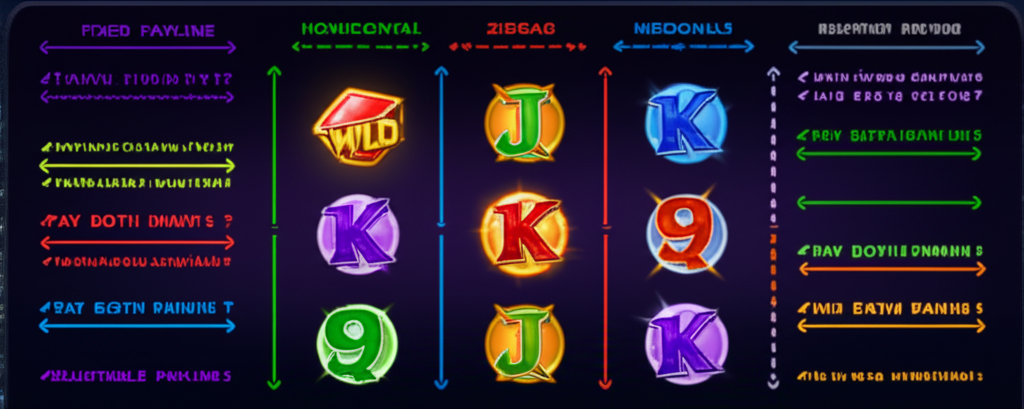 แผนภาพอธิบายประเภทของ Payline ในเกมสล็อต เช่น เส้นจ่ายคงที่ เส้นจ่ายปรับได้ และรูปแบบพิเศษ พร้อมสัญลักษณ์โบนัส