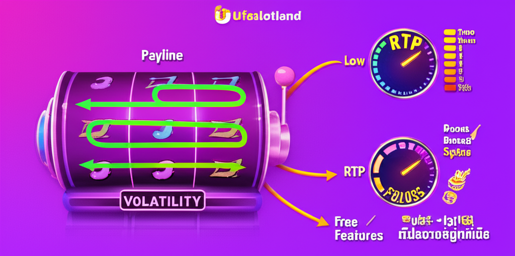 อินโฟกราฟิกแสดงความสัมพันธ์ระหว่าง Payline, Volatility และ RTP ในเกมสล็อต พร้อมคำอธิบายและสัญลักษณ์ฟีเจอร์โบนัส