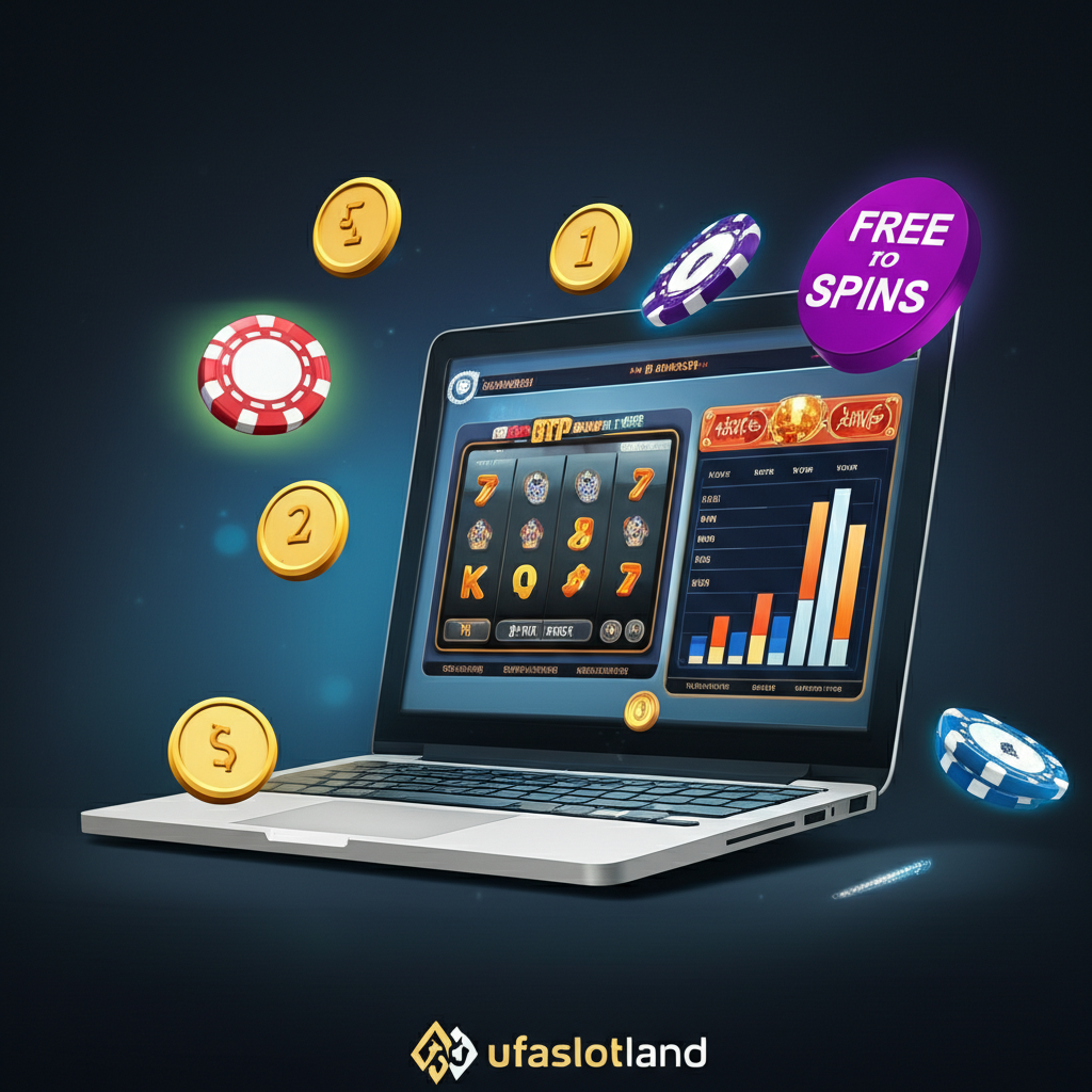 ผู้เล่นกำลังวิเคราะห์สถิติ RTP และ Volatility ของเกมสล็อตบนแล็ปท็อป พร้อมสัญลักษณ์ฟรีสปินและโบนัสจาก ufaslotland