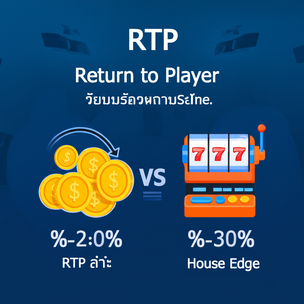 อินโฟกราฟิกอธิบาย RTP ในเกมสล็อตออนไลน์ พร้อมสัญลักษณ์เครื่องสล็อตและเปอร์เซ็นต์ผลตอบแทน