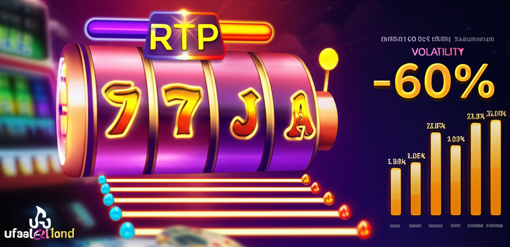 ภาพประกอบแนวมืออาชีพของเกมสล็อตออนไลน์แสดง RTP, Payline และ Volatility พร้อมกราฟและสัญลักษณ์สล็อต สีสันสดใสและบรรยากาศคาสิโน