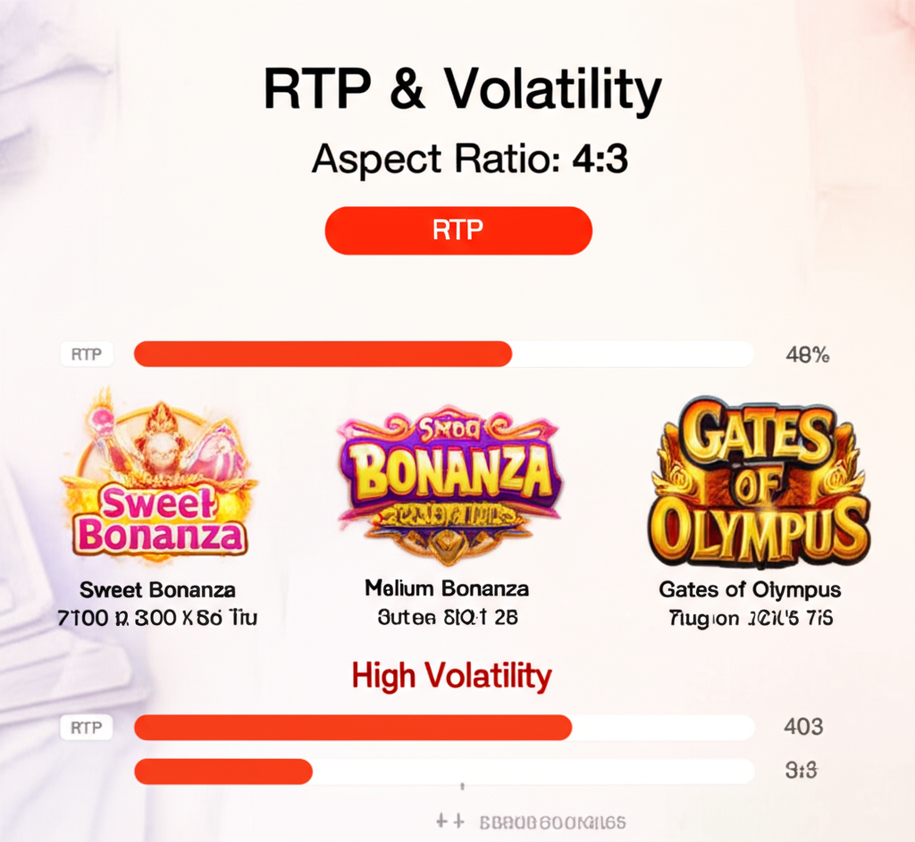 อินโฟกราฟิกเปรียบเทียบค่า RTP และความผันผวนของเกมสล็อต พร้อมตัวอย่างเกมยอดนิยม เช่น Sweet Bonanza และ Gates of Olympus