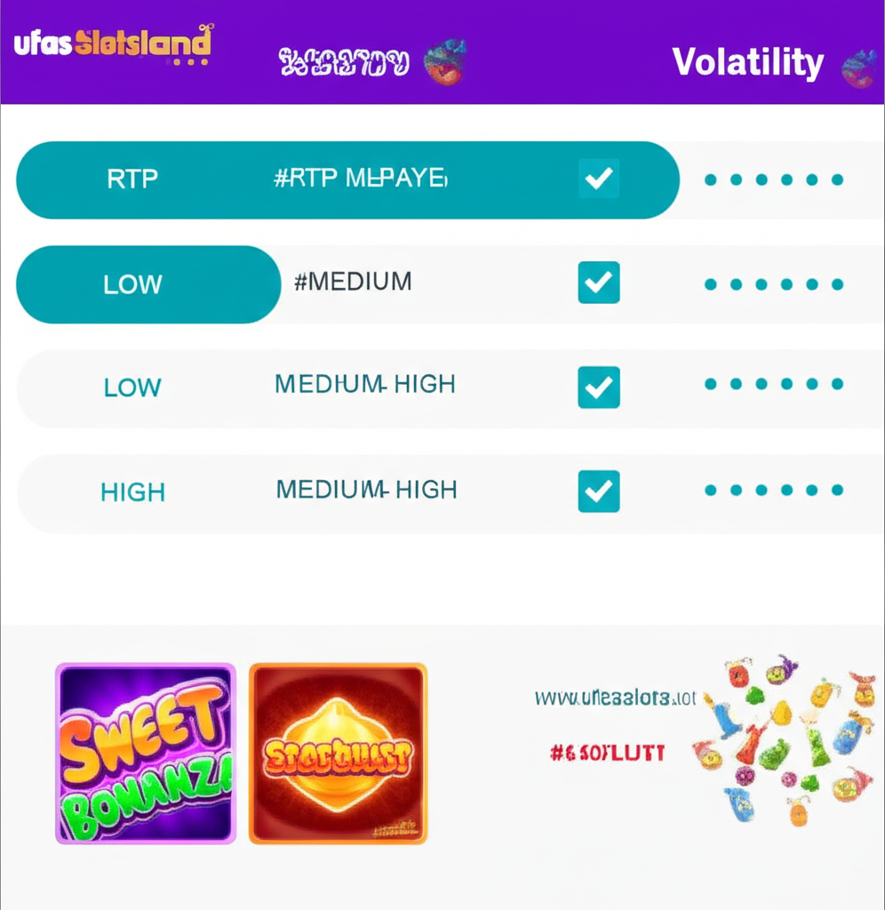 ตารางเปรียบเทียบลักษณะของเกมสล็อตตามค่า RTP และ Volatility พร้อมตัวอย่างเกมยอดนิยมจาก ufaslotland