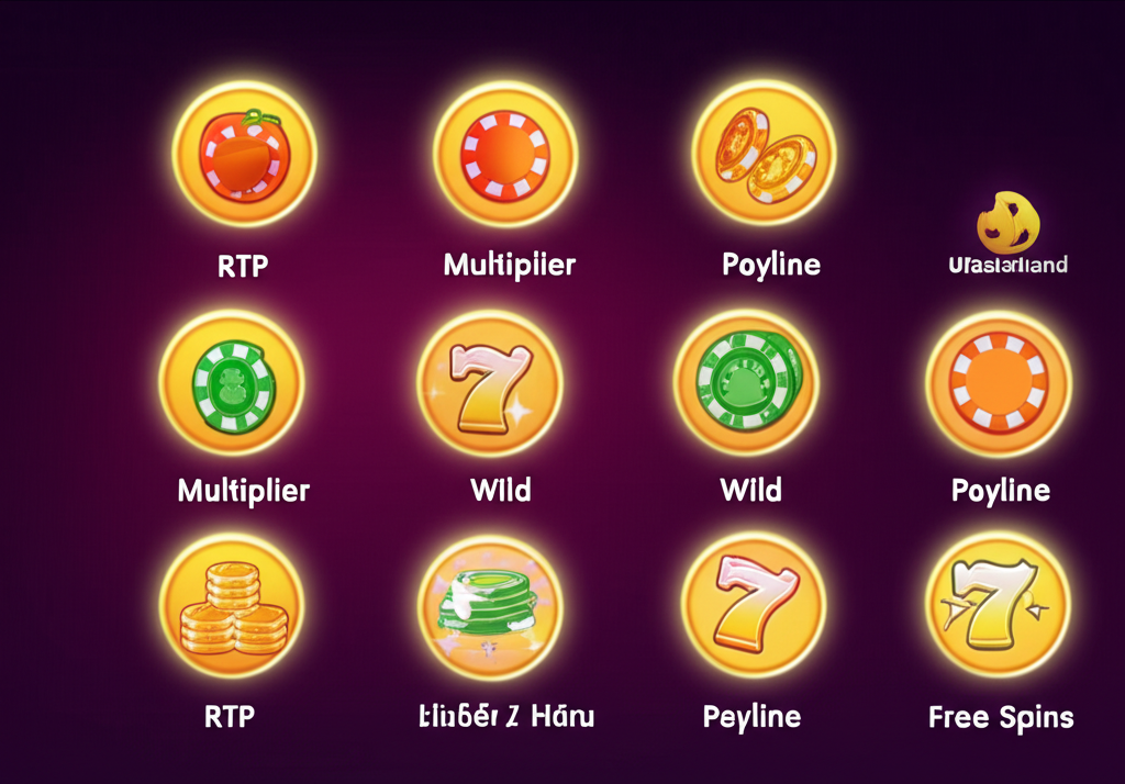 คำศัพท์สล็อตพื้นฐานสำหรับมือใหม่ เช่น RTP, Multiplier, Wild, Payline พร้อมไอคอนและคำอธิบาย