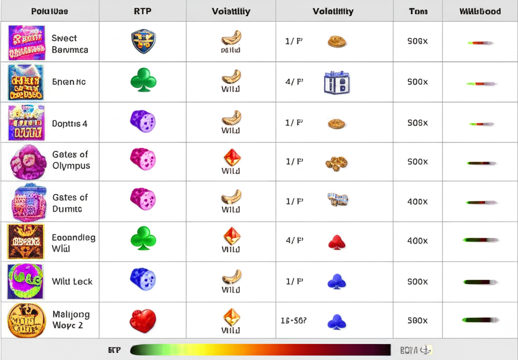 ตารางเปรียบเทียบเกมสล็อตยอดนิยมพร้อมค่า RTP, Volatility และประเภทฟีเจอร์ Wild เพิ่ม