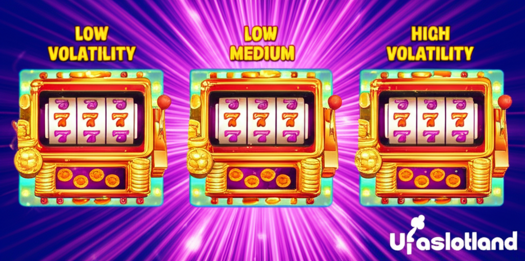 ภาพแสดงระดับความผันผวนของเกมสล็อตสามระดับ พร้อมสัญลักษณ์แจ็คพอตและเหรียญเงิน เพื่อช่วยให้ผู้เล่นเข้าใจความเสี่ยงและรางวัลจาก ufaslotland