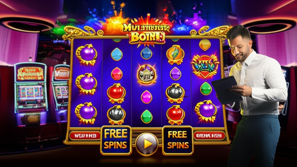 ภาพประกอบฟีเจอร์พิเศษในเกมสล็อต Multiplier Bomb, Wild เพิ่ม และ Expanding Free Spins บนพื้นหลังคาสิโนดิจิทัลที่ทันสมัย