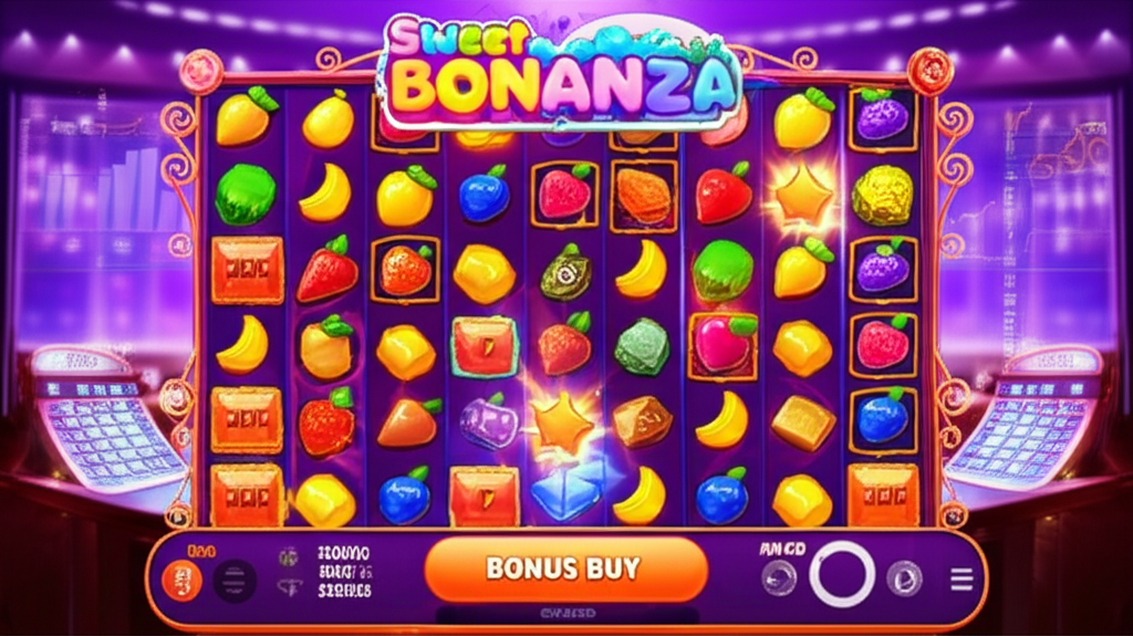 ภาพหน้าจอเกมสล็อต Sweet Bonanza พร้อมปุ่ม Bonus Buy โดดเด่นและกราฟวิเคราะห์ผลตอบแทน