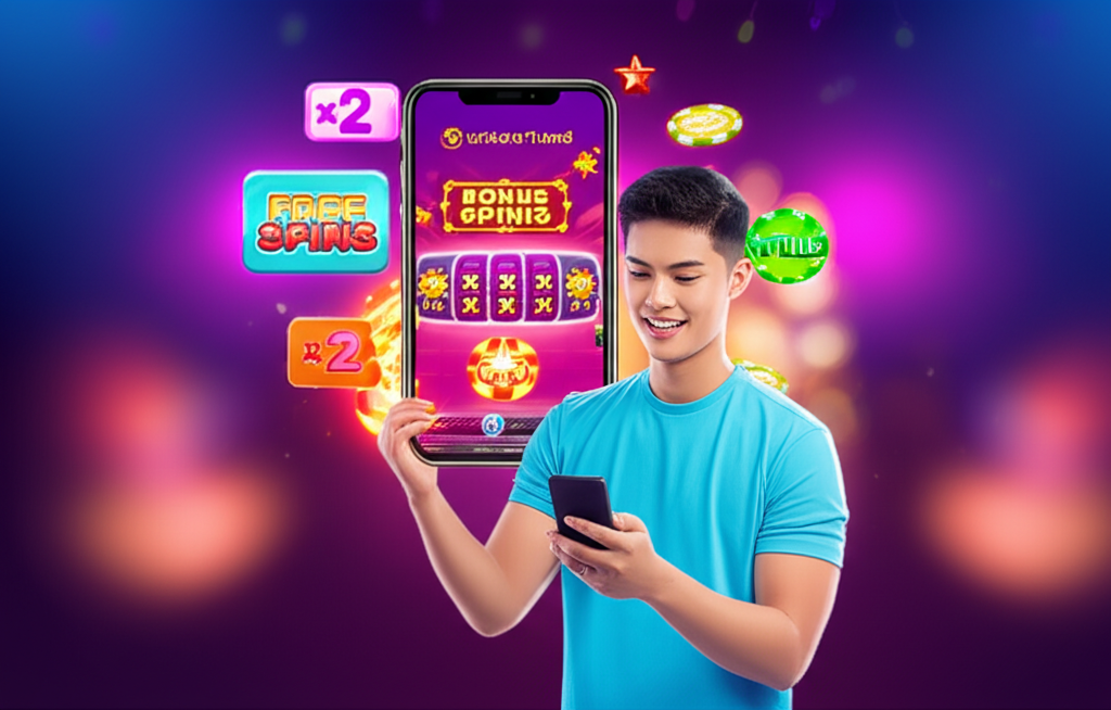 คู่มือสำหรับมือใหม่เล่นสล็อตออนไลน์กับ ufaslotland แสดงภาพผู้เล่นมือใหม่ที่มั่นใจและเป็นมิตร พร้อมไอคอนฟีเจอร์ฟรีสปินและโบนัส