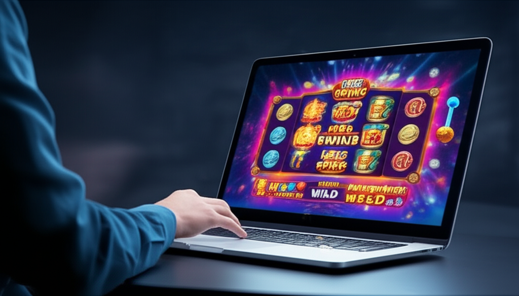 ภาพประกอบฟีเจอร์ฟรีสปินในสล็อตออนไลน์ แสดงสัญลักษณ์ Scatter, Wild และ Multiplier บนหน้าจอสล็อต พร้อมผู้เล่นที่ใช้คอมพิวเตอร์และโลโก้ ufaslotland