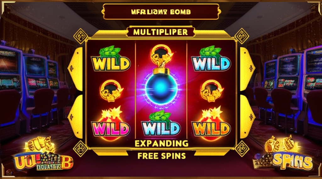 ภาพประกอบฟีเจอร์สำคัญของเกมสล็อตออนไลน์ เช่น Multiplier Bomb, Wild เพิ่ม และ Expanding Free Spins พร้อมโลโก้ ufaslotland