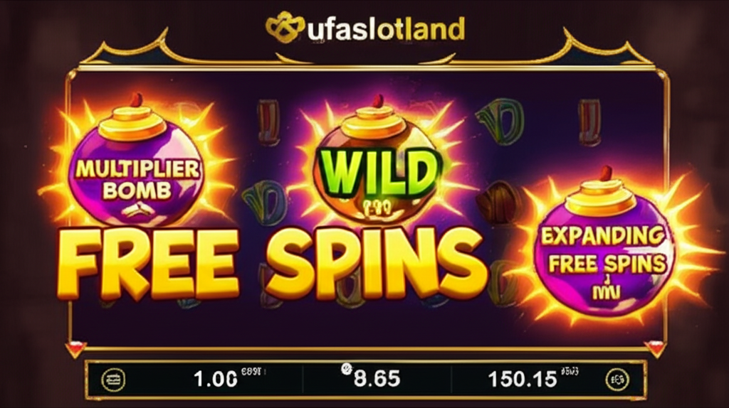 ภาพประกอบมืออาชีพของเกมสล็อตออนไลน์ที่แสดงฟีเจอร์ Multiplier Bomb, Wild เพิ่ม และ Expanding Free Spins พร้อมโลโก้ ufaslotland