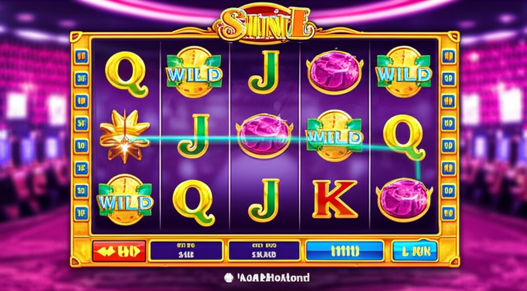 ภาพประกอบเกมสล็อตที่แสดง Payline และสัญลักษณ์สำคัญ เช่น Wild, Scatter พร้อมบรรยากาศคาสิโนที่ทันสมัยและแบรนด์ ufaslotland