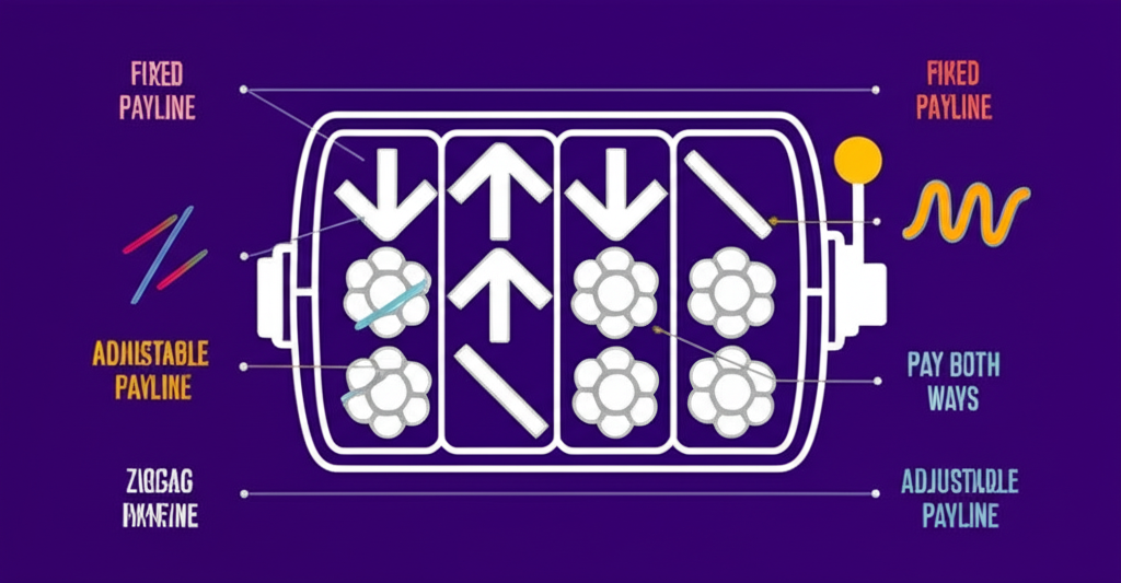 อินโฟกราฟิกแสดงประเภทของ Payline ในเกมสล็อต เช่น Fixed Payline, Adjustable Payline, Pay Both Ways, Cluster Pays และ Megaways